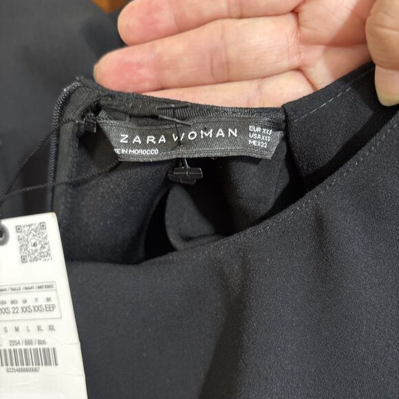 NWT ZARA Women 3/4 Sleeve High-Low Contrast Stitch Button Blouse SZ XXS Black - Picture 11 of 12